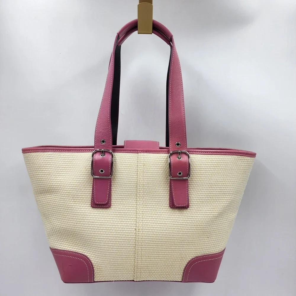 Y2K Coach Woven Straw Tote Bag Pink Leather Trim Buckle Preppy Shoulder Purse